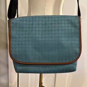Kate Spade New York Aqua Jacquard Print Messenger bag w/Brown Leather Trim EUC